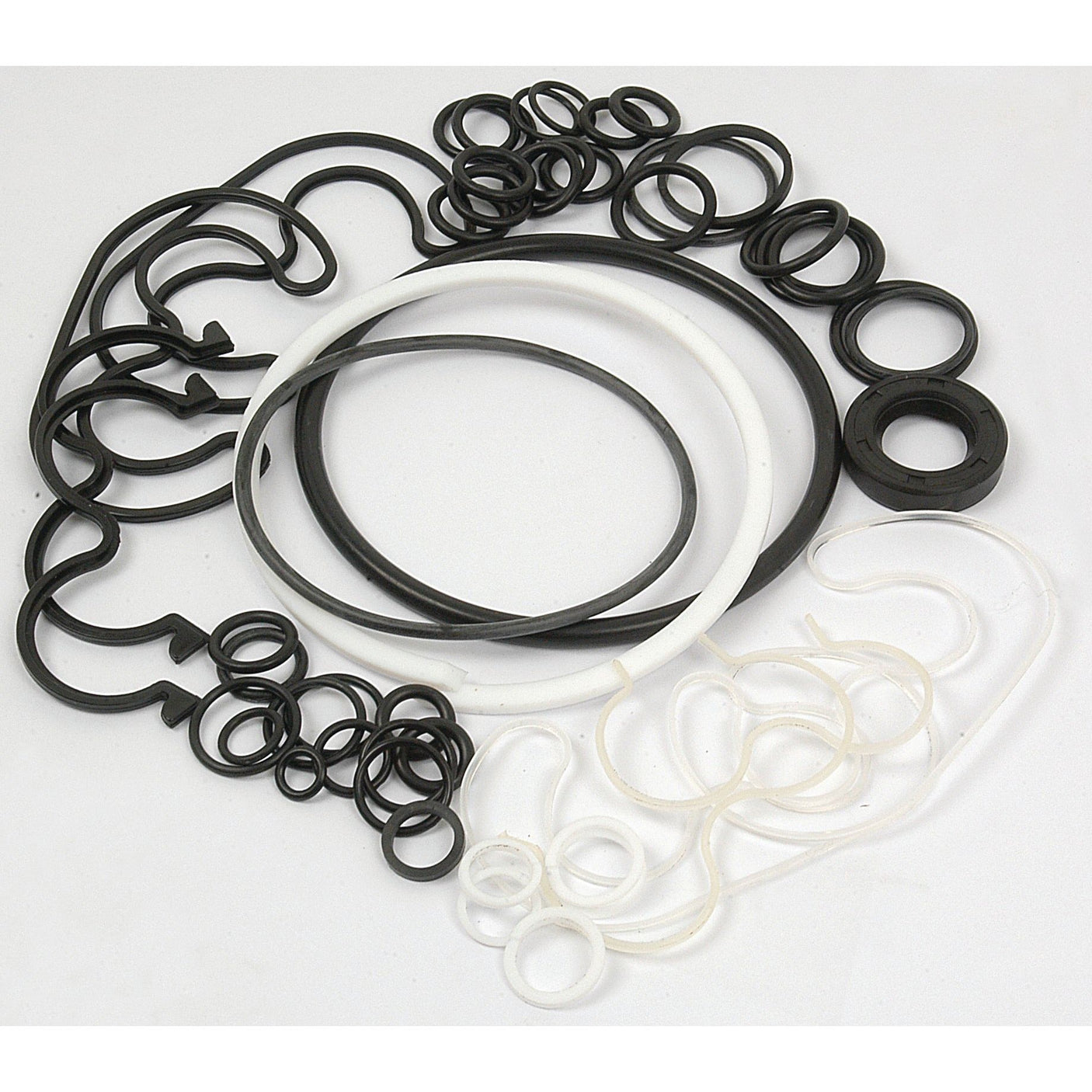 Assorted rubber and plastic O-rings of various sizes, part of the Sparex Seal Kit (Sparex Part No. S.65420), perfect for a Ford/New Holland hydraulic pump seal kit, arranged on a white surface.