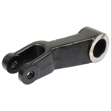 The Sparex Hydraulic Lift Arm, part number S.65421, is a black metal U-joint yoke with two mounting holes and a threaded cylindrical end, compatible with Ford New Holland equipment.