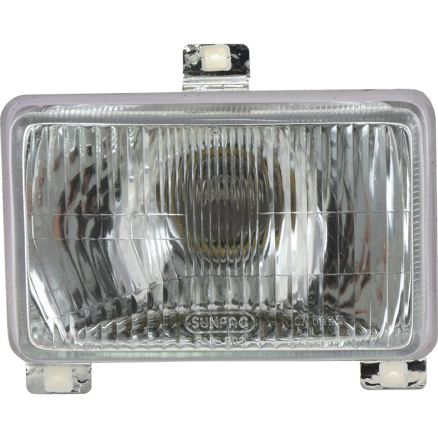 The Sparex Head Light (Halogen), model S.65437, features a rectangular design with a clear lens and reflective interior. Utilizing advanced halogen light technology, this 12V headlight is compatible with both right-hand and left-hand dips and includes mounting brackets on the top and bottom for secure installation.