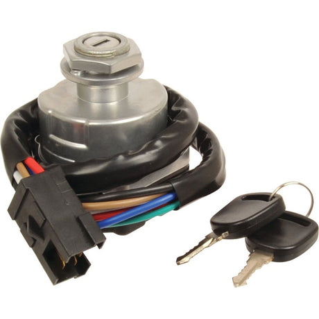 The Sparex Ignition & Heater Switch | Sparex Part No. S.65441, featuring colorful wires and a black plastic connector, compatible with Case IH MAXXUM, is shown next to two metal keys on a keyring.