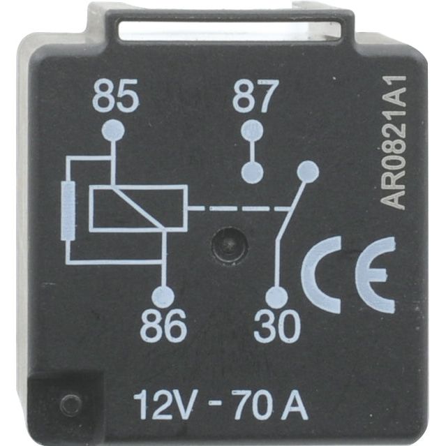 Close-up of a black Sparex brand electrical relay, Sparex Part No.S.65443, with a white printed circuit diagram labeled with 85, 86, 87, and 30 terminals. It is marked "12V - 70A" for 12 volts and 70 amps, and includes certification symbols like CE.