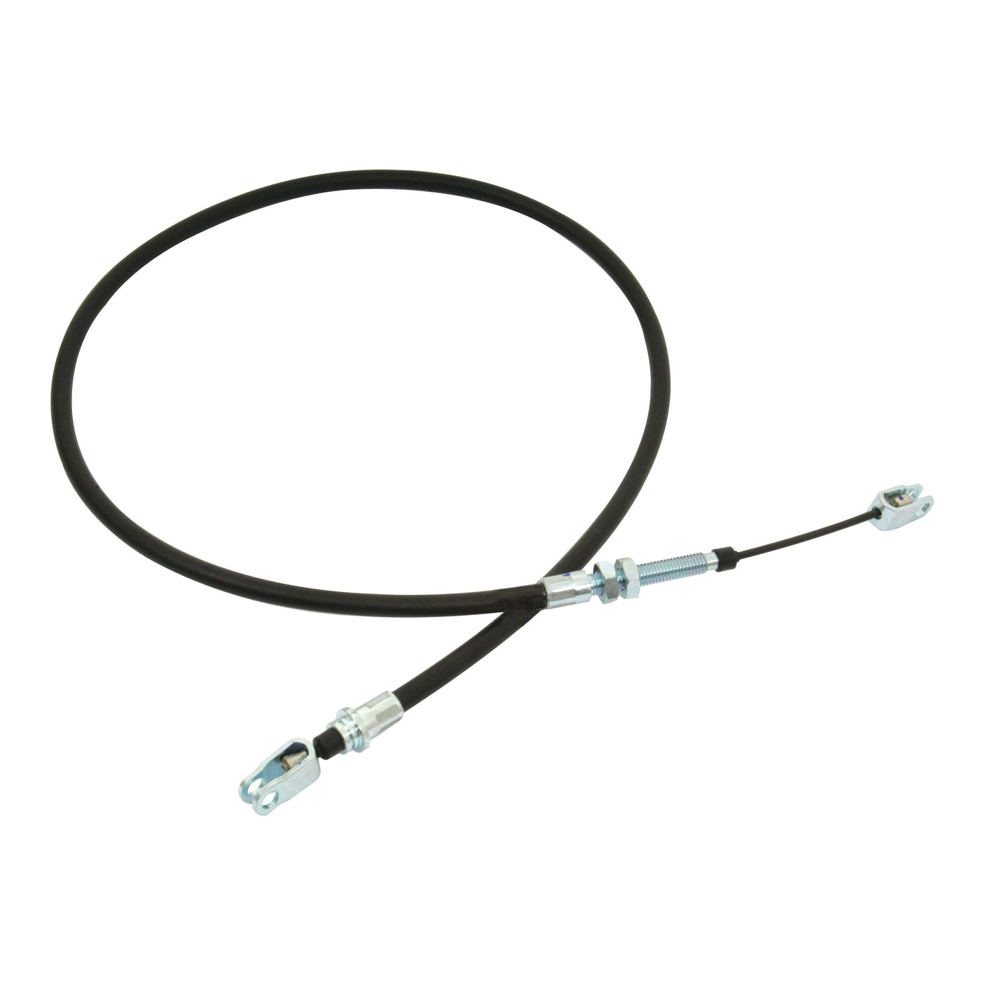 This Hitch Cable from Sparex (Part No. S.65447) is a coiled black throttle cable, 1272mm (50 3/32'') in length and 1110mm (43 23/32'') for the inner cable, featuring metal fittings on both ends. It is designed for vehicle or machinery control systems and is compatible with Ford / New Holland models.