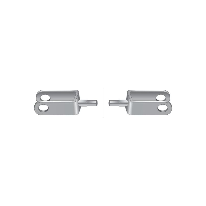 Two identical metal components, each featuring two holes and facing each other on a white background; perfect for Ford / New Holland machinery repairs. These are part of the Hitch Cable with a length of 1272mm (50 3/32'') and an active cable length of 1110mm (43 23/32''), available under Sparex Part No. S.65447 from the brand Sparex.