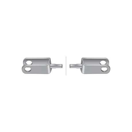 Two identical metal components, each featuring two holes and facing each other on a white background; perfect for Ford / New Holland machinery repairs. These are part of the Hitch Cable with a length of 1272mm (50 3/32'') and an active cable length of 1110mm (43 23/32''), available under Sparex Part No. S.65447 from the brand Sparex.