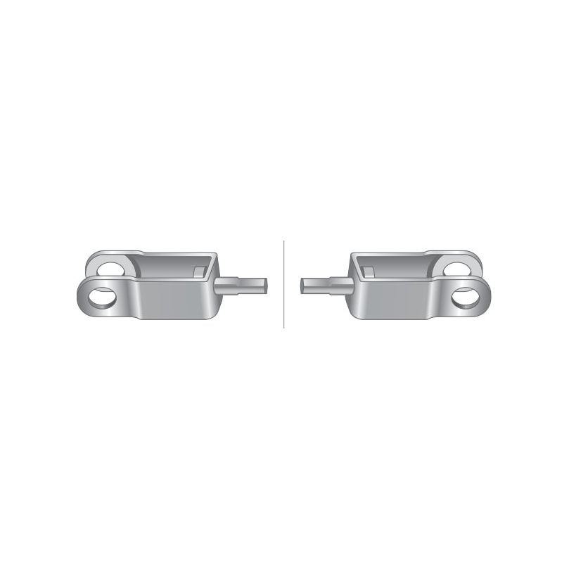 Illustration of two metallic mechanical parts, each featuring a loop and a protruding pin, positioned symmetrically facing each other like the Hitch Cable (Sparex Part No. S.65448) from Sparex for Ford / New Holland.