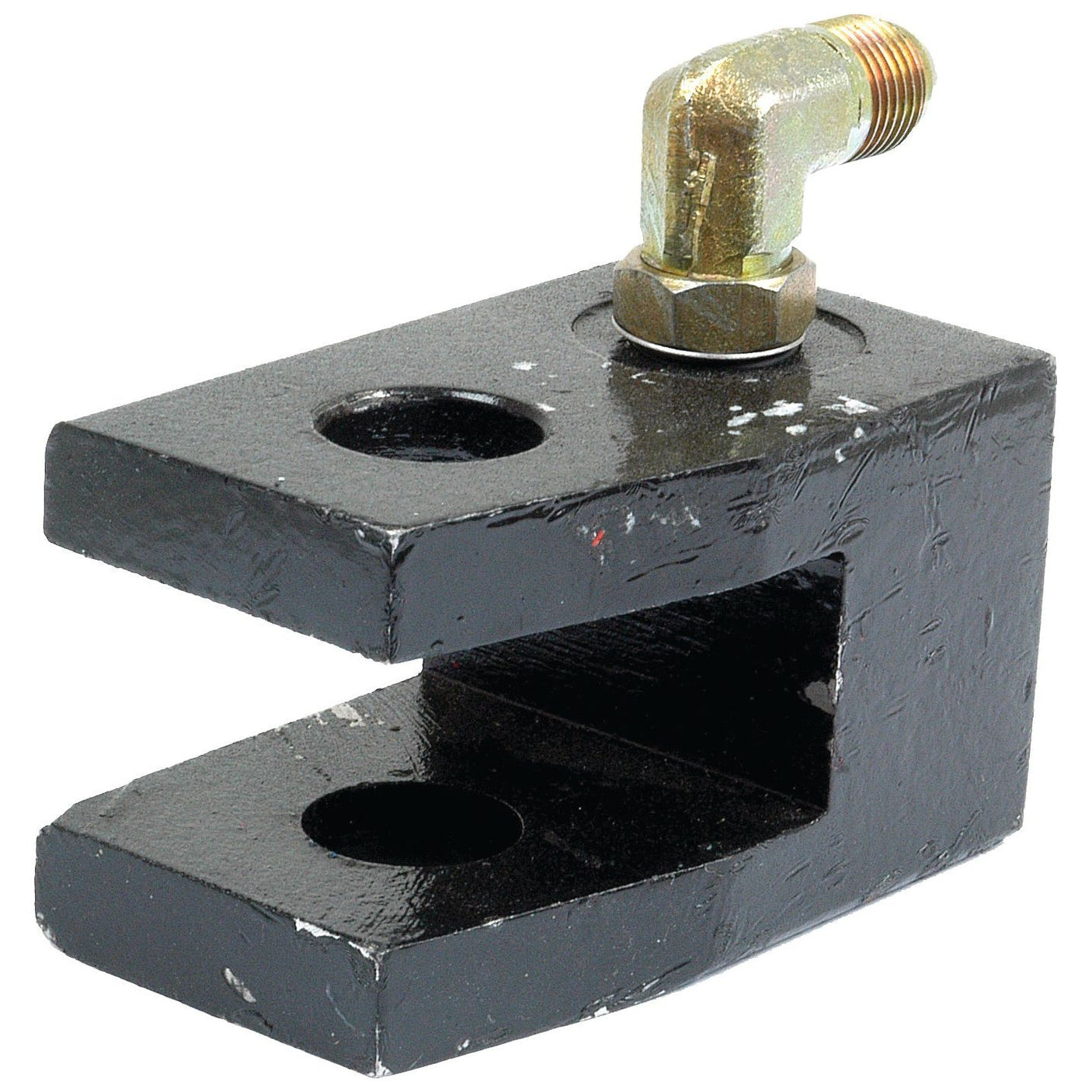 A rugged Clevis, Sparex Part No. S.65452, featuring a black metal bracket with two holes and an elbow-shaped brass fitting attached to the top, embodying the robustness of durable Case IH engineering.