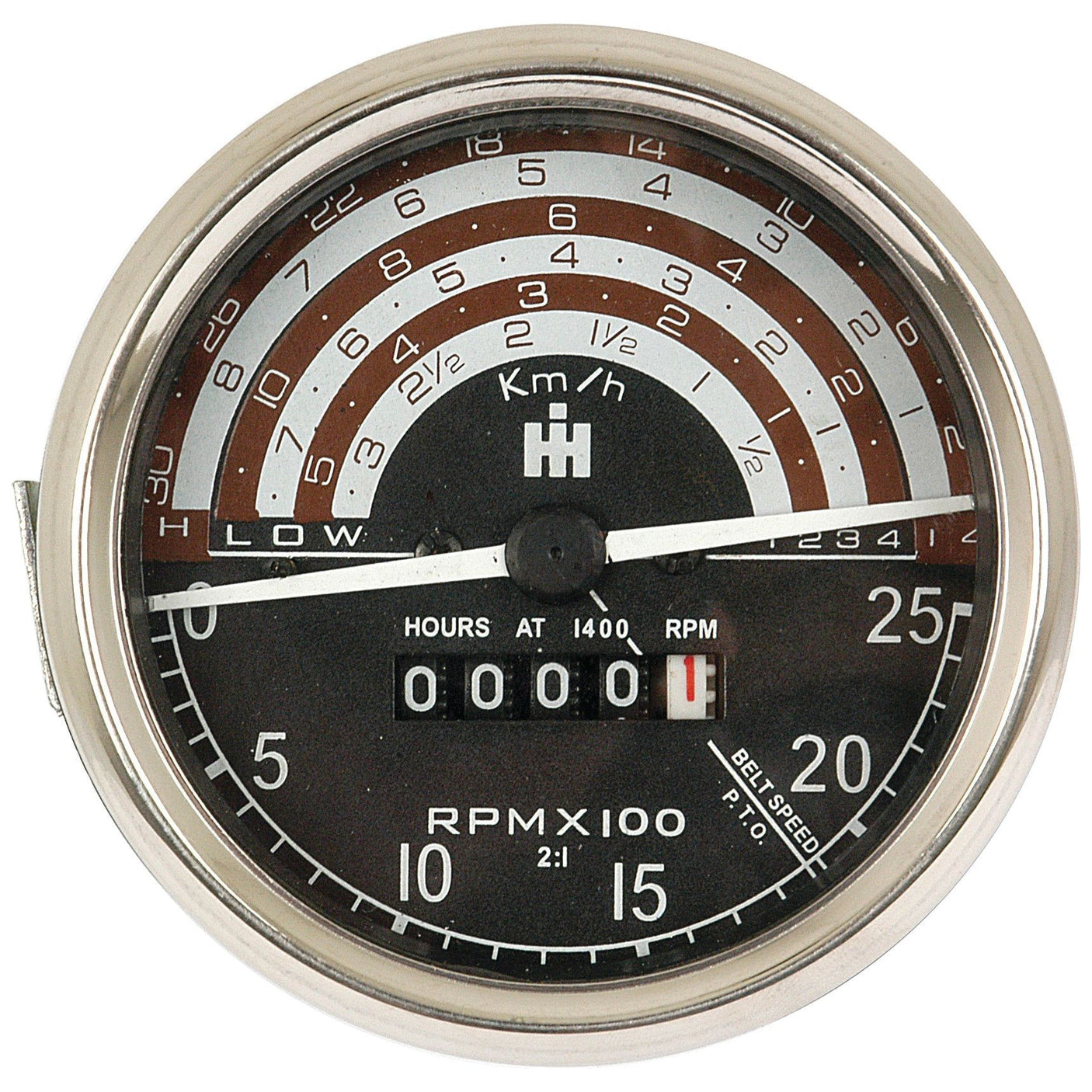 A classic International Harvester machine tachometer, the Sparex Tachometer (S.65464), displays speed in Km/h and RPMx100, with hours at 1400 RPM shown at the bottom.