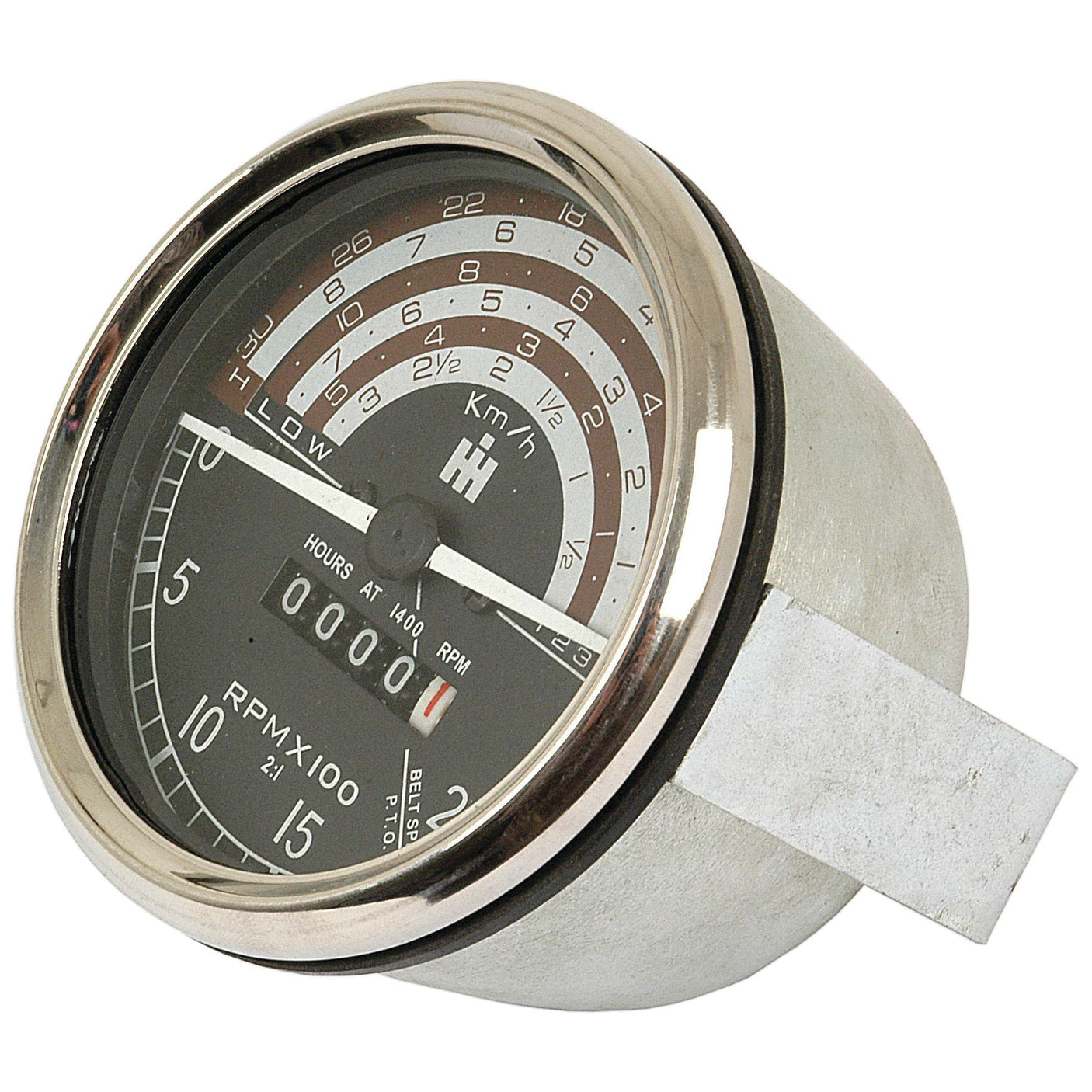 The Sparex Tachometer (KPH) | Sparex Part No. S.65464 is a metal mechanical gauge displaying RPM, hours, and km/h, featuring a circular dial and a metal mounting bracket, making it ideal for Case IH equipment.