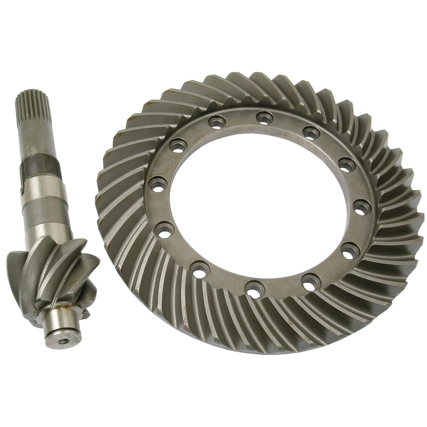 Image of a Sparex Crown Wheel and Pinion set, Sparex Part No. S.65472, designed for Ford New Holland and used in mechanical applications to transfer rotational motion and torque between intersecting shafts.