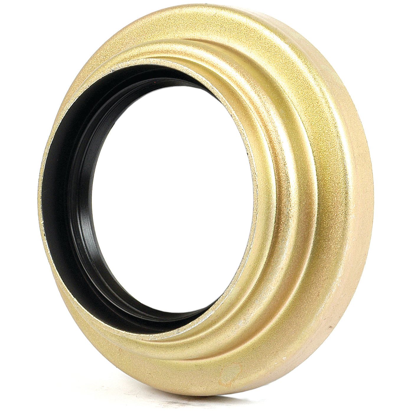 A metallic cylindrical object with a black inner ring and a smooth, gold-colored textured outer surface, resembling a Seal & Retainer Assembly (Halfshaft) used in Ford New Holland machinery. Find it under Sparex Part No. S.65474 by Sparex.