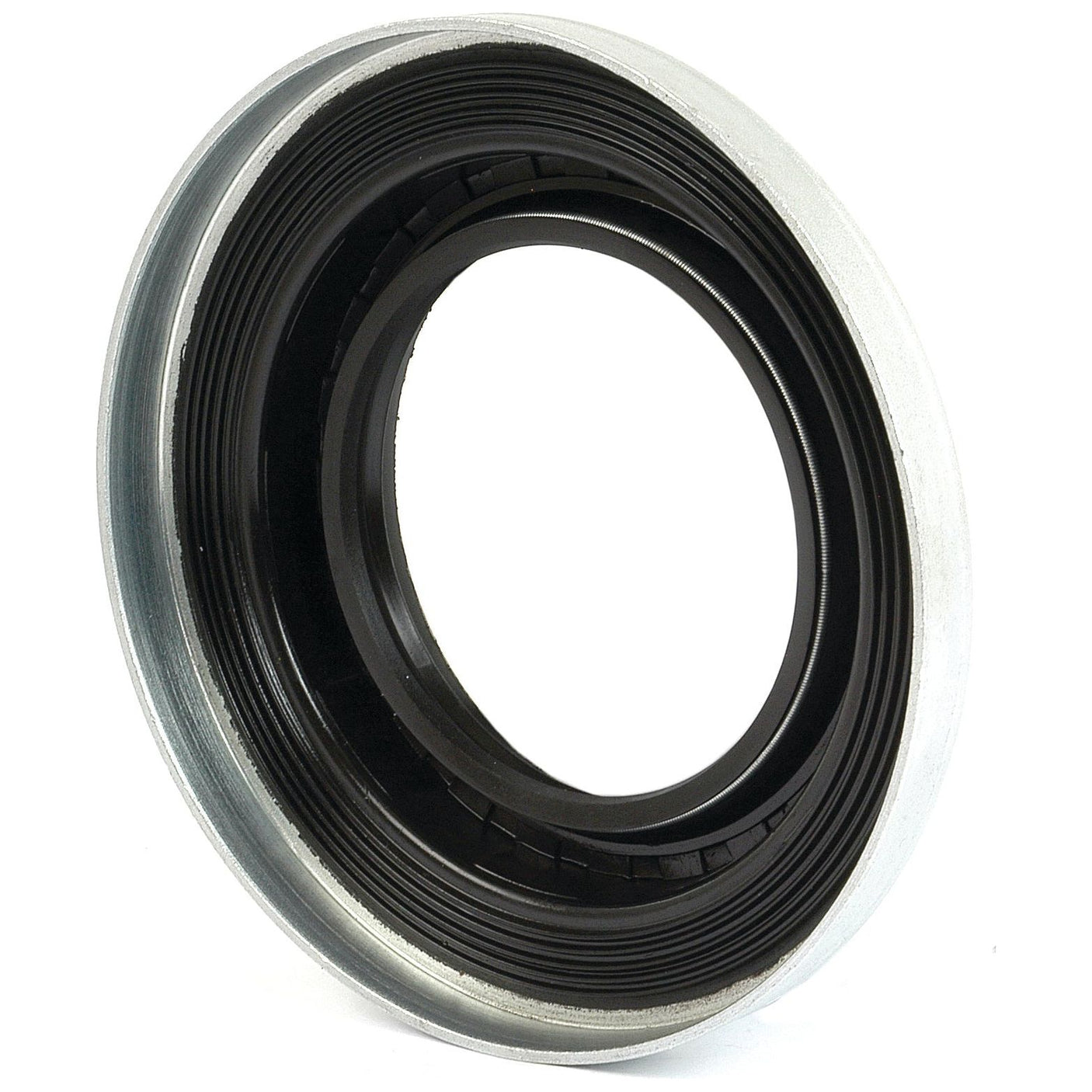 Close-up of a metal ring with a black rubber seal in the center, commonly used as an oil seal in machinery and automotive applications. This part is essential for the Seal & Retainer Assembly | Sparex Part No.S.65475 found in Ford / New Holland equipment. The assembly is produced by the brand Sparex.