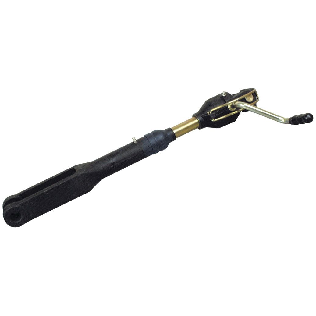 A black and gold Levelling Box Assembly by Sparex, featuring a manual ratchet load binder with a long handle, a small lever for tightening, and a knuckle bore designed for secure adjustments. 

