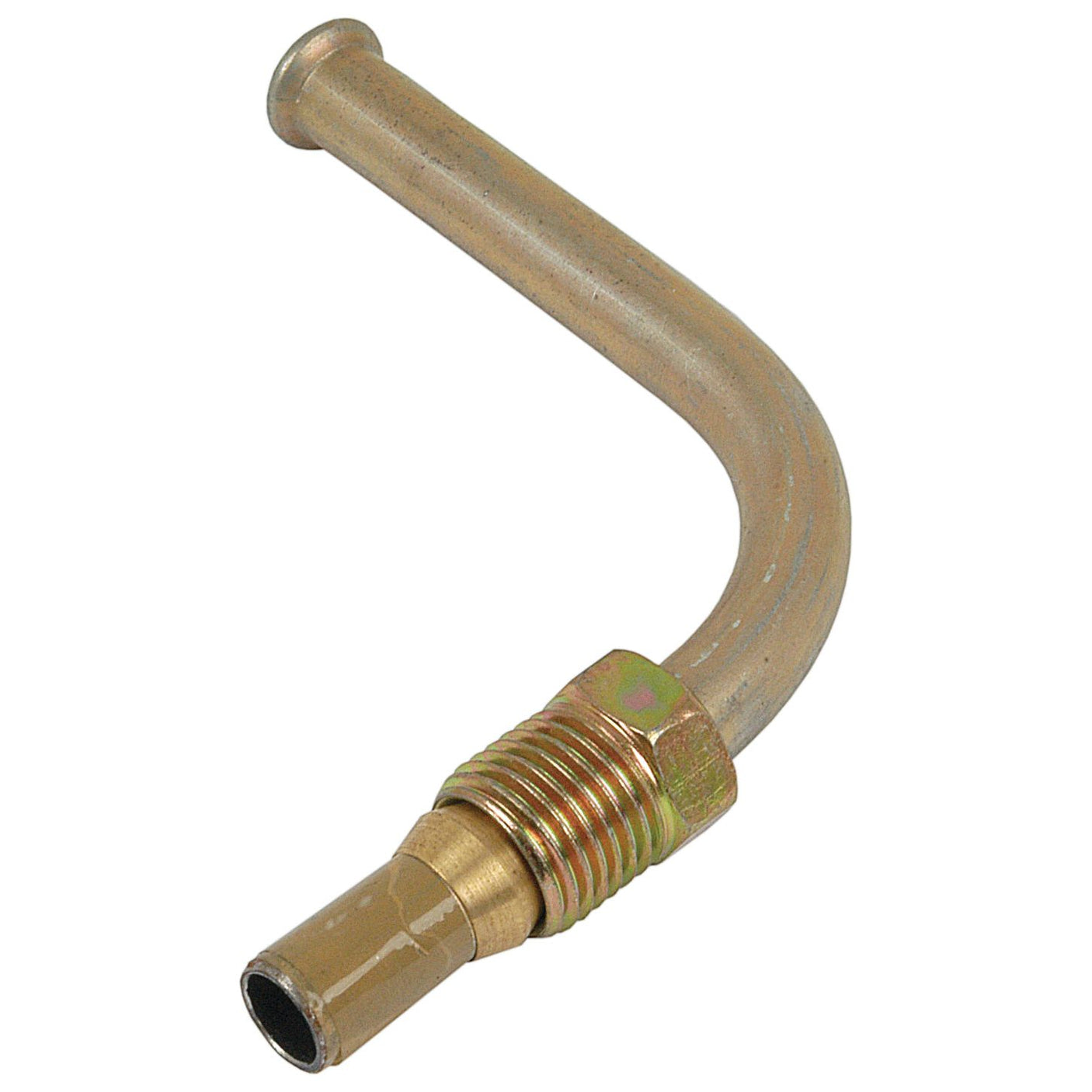 The Single Filter Angled Tube (Sparex Part No. S.65500) from Sparex is a brass-colored metal pipe with a threaded end, bent at a 90-degree angle, perfect for New Holland and Ford applications.