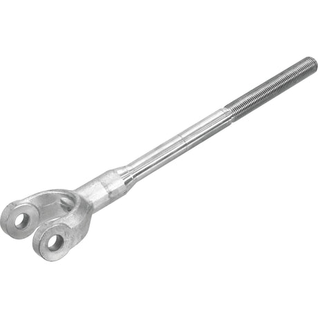 The Sparex Levelling Box Yoke UNC (Part No. S.65512) is a robust metal turnbuckle featuring a threaded rod with partial thread length at one end and a yoke equipped with fork holes for connecting to another component. It is compatible with Ford / New Holland models.