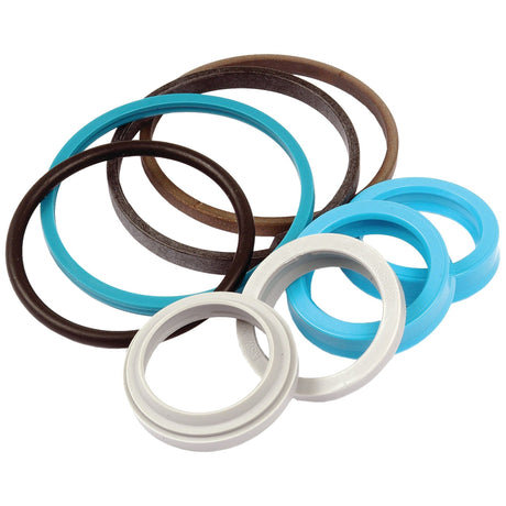 A range of O-rings and seals in various colors and sizes, perfect for Case IH equipment, are displayed on a white background. These components are part of the Seal Kit (Steering Cylinder - 2WD) | Sparex Part No. S.65519 from the Sparex brand.