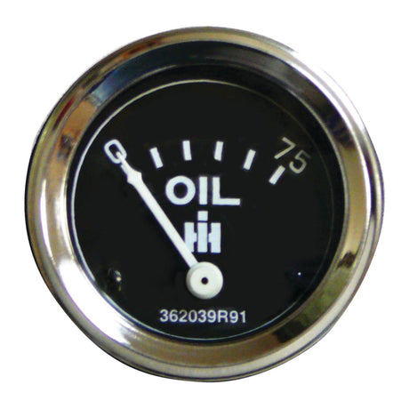 A round oil pressure gauge from Sparex, with a black face and needle indicator ranging from 0 to 75. The needle is pointing to the left near the 0 mark. The gauge also features the code "362039R91" at the bottom—an ideal replacement for International Harvester machinery, identified by Sparex Part No. S.65522.