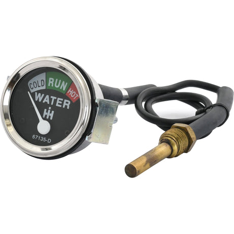 A Sparex Water Temperature Gauge (Sparex Part No.S.65523), with a dial indicating "Cold," "Run," and "Hot," is connected to a sensor featuring a metal probe and a connecting wire, making it ideal for International Harvester vehicles.