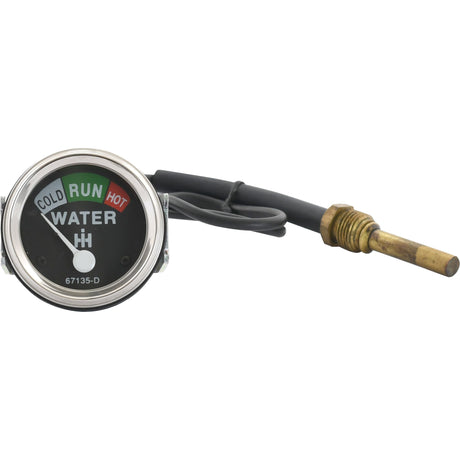 The Sparex Water Temperature Gauge (Sparex Part No. S.65523) features a dial indicating cold, run, and hot zones, and is connected to a sensor via a black cable. It is suitable for use with International Harvester and Case IH models.