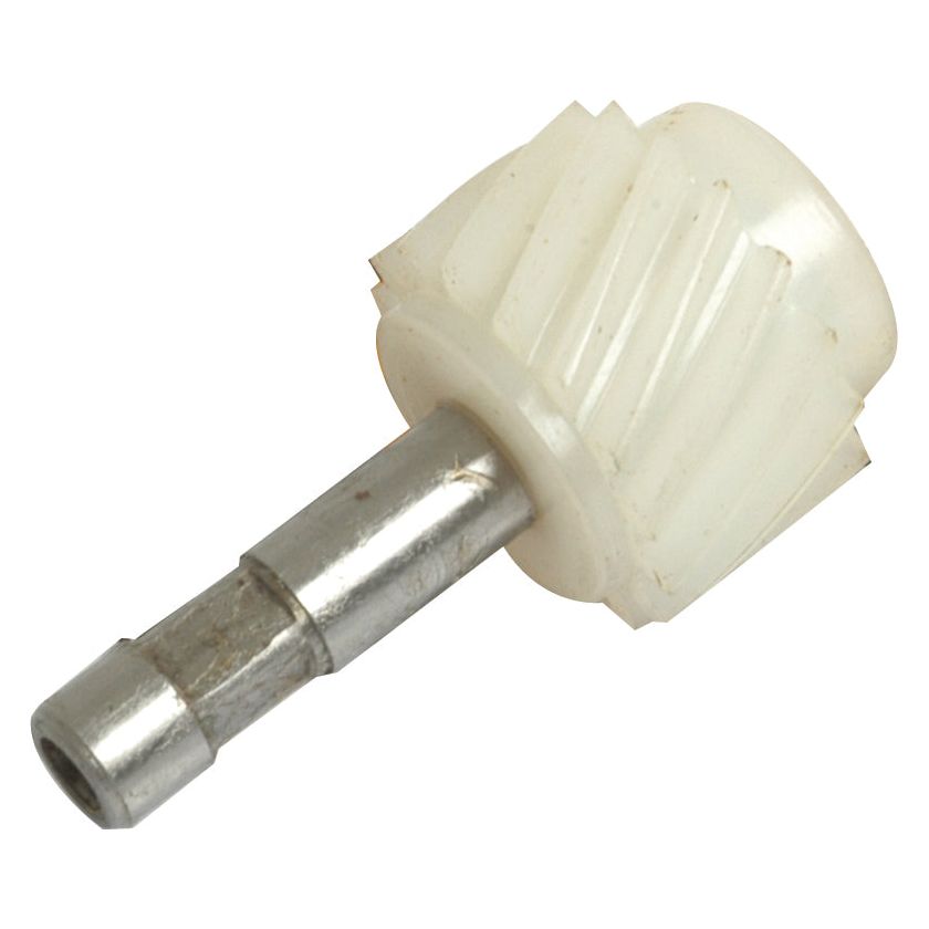 A Sparex Tractormeter Drive Gear (Sparex Part No. S.65562) is a metal rod with a white plastic, grooved gear attached at one end, compatible with Ford New Holland machinery.