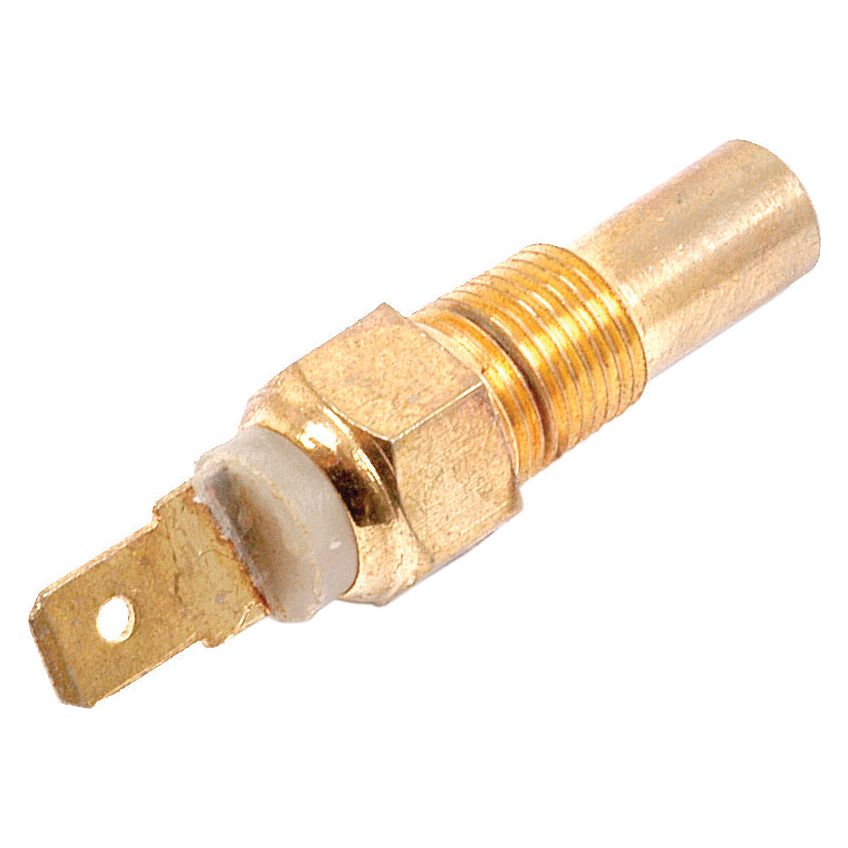 The Sparex Water Temperature Sender Switch, Part No.S.65566, is a brass sensor with a hexagonal base and an M10 x 1mm thread size. It features a single spade connector protruding from one end and is compatible with Ford New Holland models.