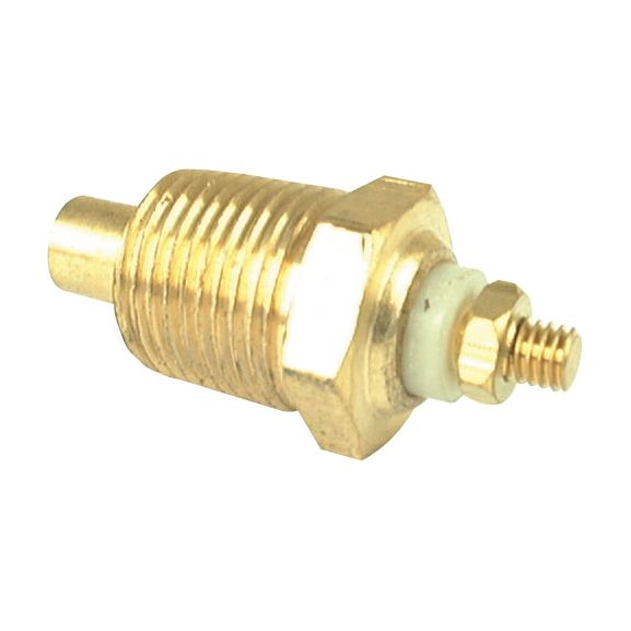 The Sparex Water Temperature Switch (Part No. S.65567) is a brass temperature sensor featuring a hexagonal mounting base and a threaded 3/8'' BSP electrical connection end, suitable for use with Case IH / International Harvester and Ford / New Holland machinery.