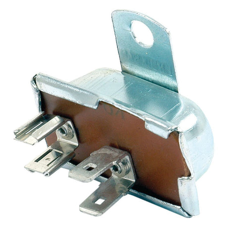 The Sparex Voltage Stabiliser (Part No. S.65569) is an electrical relay equipped with a metal mounting bracket and three prongs for connections, designed specifically for Ford/New Holland machinery.