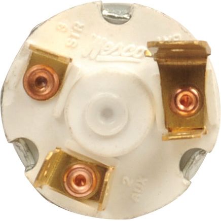 Close-up image of a three-prong electrical plug end, showing copper connectors and a white plastic base with the brand "Leviton" embossed on it, similar in style to the Ignition Switch by Sparex (Part No. S.65570) used in Ford/New Holland tractors.