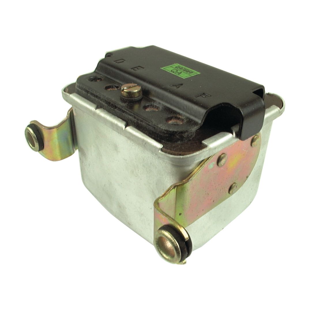 A Sparex metal electrical component with a black top labeled "DEAF," featuring several screws and attachment points, is ideal for use in the Control Box 12V system (Sparex Part No. S.65580).