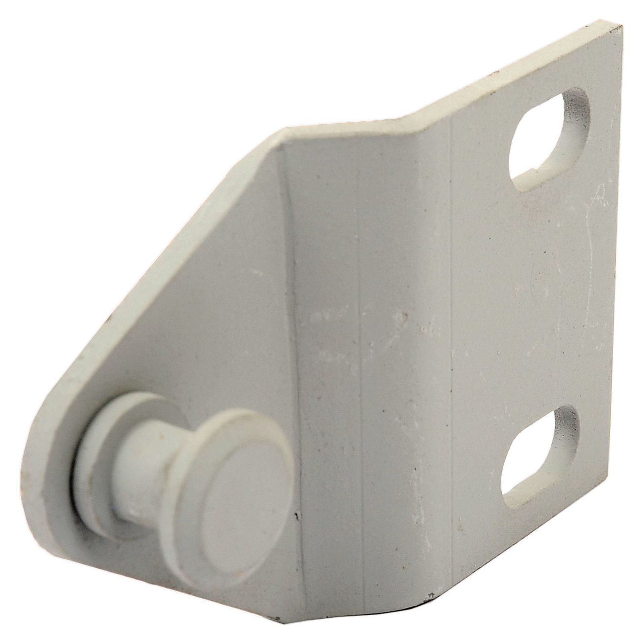 The Bonnet Catch Bracket (Sparex Part No. S.65584) by Sparex is a metal bracket with two holes on one side and a cylindrical pin on the opposite side, suitable for Ford New Holland MAJOR tractors.