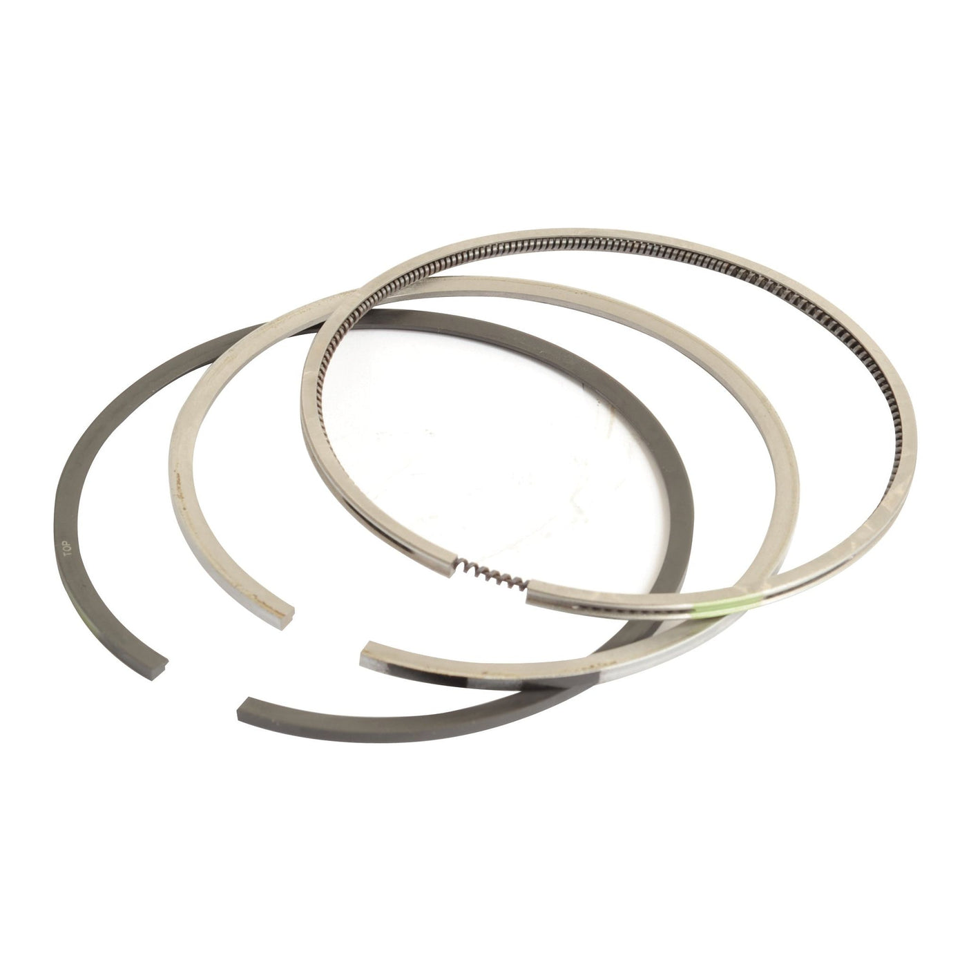 A set of three metal piston rings of varying sizes and thicknesses, arranged overlapping each other on a white background, specifically designed for Case IH engines, available under the Piston Ring and Liner Kit | Sparex Part No. S.65591 from Sparex.