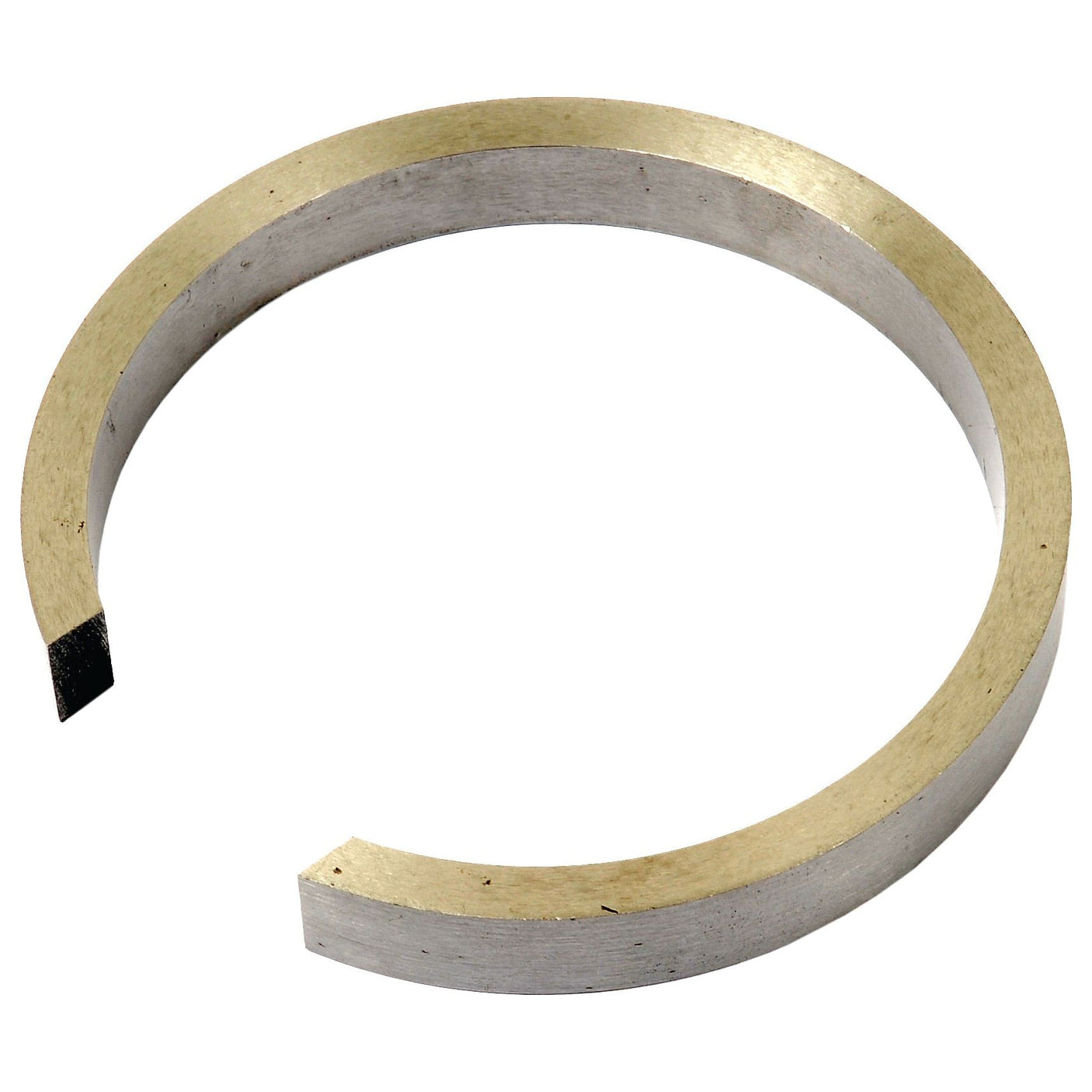 A metallic, crescent-shaped ring with a gap, seen against a plain white background, reminiscent of the robust components found in the Sparex Liner Ring (Part No. S.65592) for Massey Ferguson machinery.