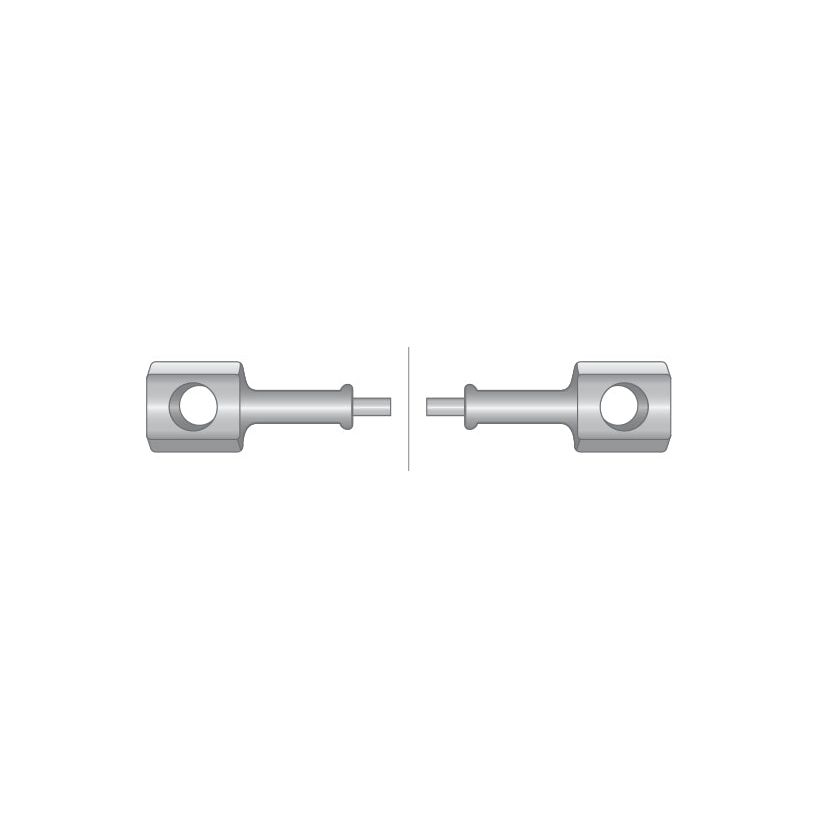 Two identical brake cables, reminiscent of International Harvester parts, feature a cylindrical body with a central hole and are aligned facing each other on a white background. (Product Name: Brake Cable - Length: 792mm, Outer cable length: 465mm | Sparex Part No. S.65600) by Sparex.