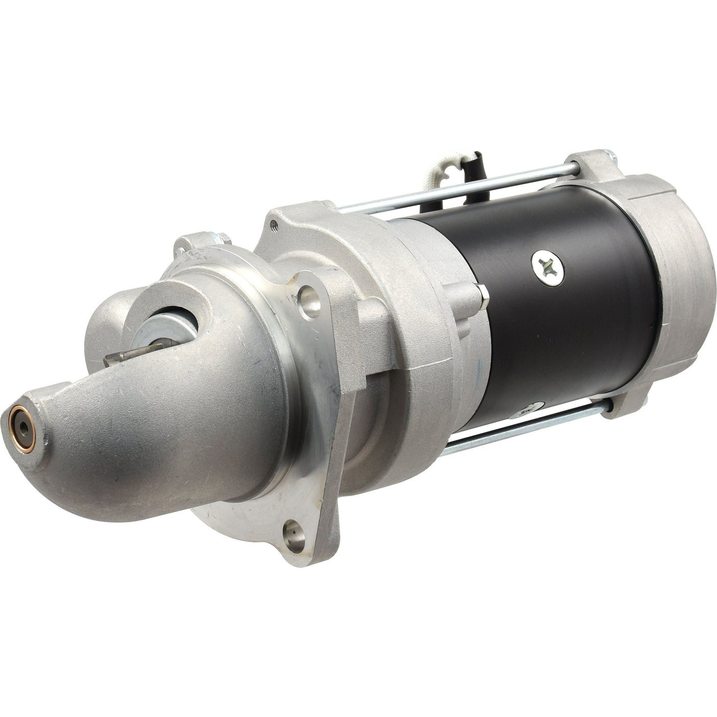 A silver and black Starter Motor - 12V, 2.8Kw, Gear Reducted (Sparex), featuring cylindrical components and mounting brackets, is shown on a plain white background. This high-quality Sparex part (Part No. S.65601) ensures reliable engine ignition.