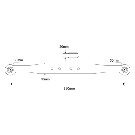 Technical drawing of the Sparex Lower Link Lift Arm - Ball Ø 28mm - RH & LH (Part No. S.65607), designed for a Ford/New Holland SUPER MAJOR mechanical part, with precise dimensions. The total length is 890mm, broken down into sections measuring 30mm, 20mm, and 70mm.