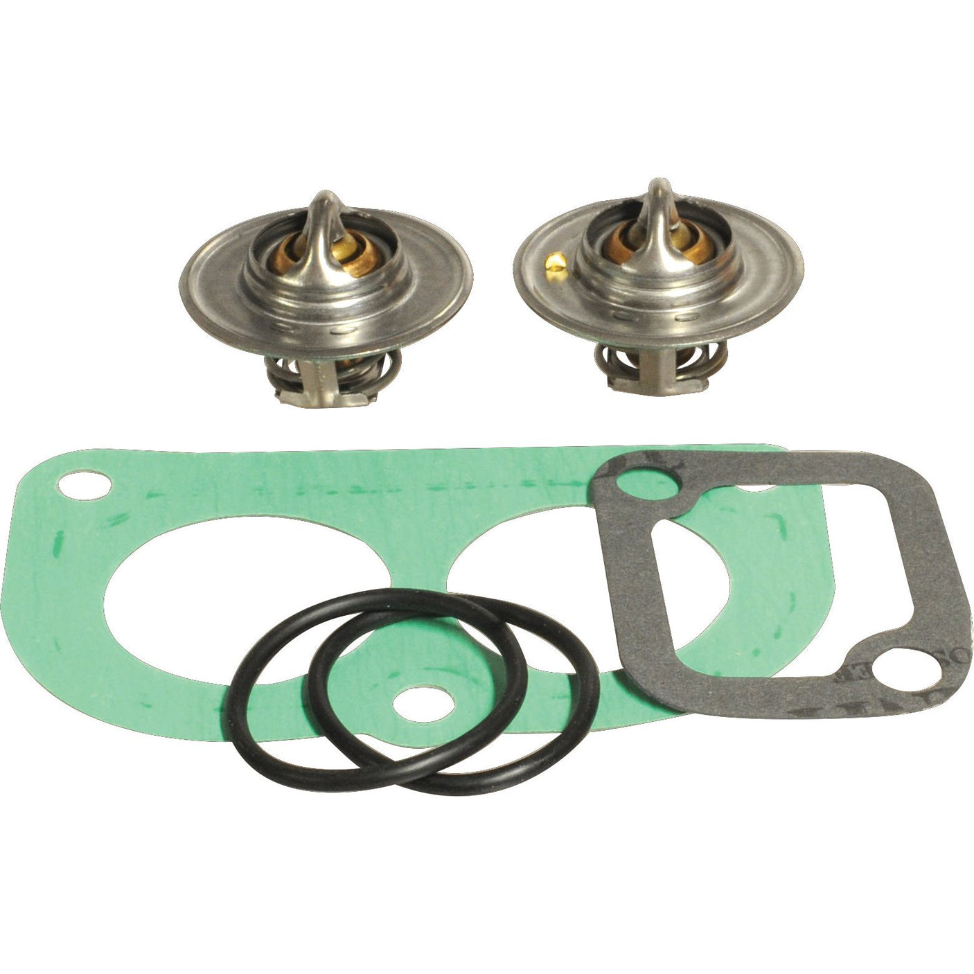 Sparex Thermostat | Sparex Part No.S.65646 repair kit containing two thermostats, gaskets, and O-rings set on a white background, ideal for John Deere vehicles.