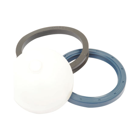 Image of three annular objects: a white plastic disc, a blue circular ring, and a black circular ring. The blue circular ring resembles a component from Merlo machinery, included in the Repair Kit | Sparex Part No.S.65647 by Sparex.