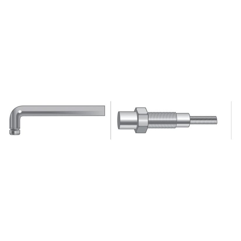 An L-shaped Allen wrench and a bolt with a partially threaded shank and hexagonal head are shown side by side, accompanied by a Sparex Engine Stop Cable (Sparex Part No. S.65652) with an overall length of 1353mm and an outer cable length of 1023mm.