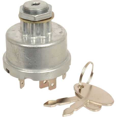 A Sparex Ignition Switch (Part No. S.65662), featuring a metallic cylindrical design with a threaded top and multiple terminals at the base, compatible with Ford New Holland models, comes with two keys on a keyring.