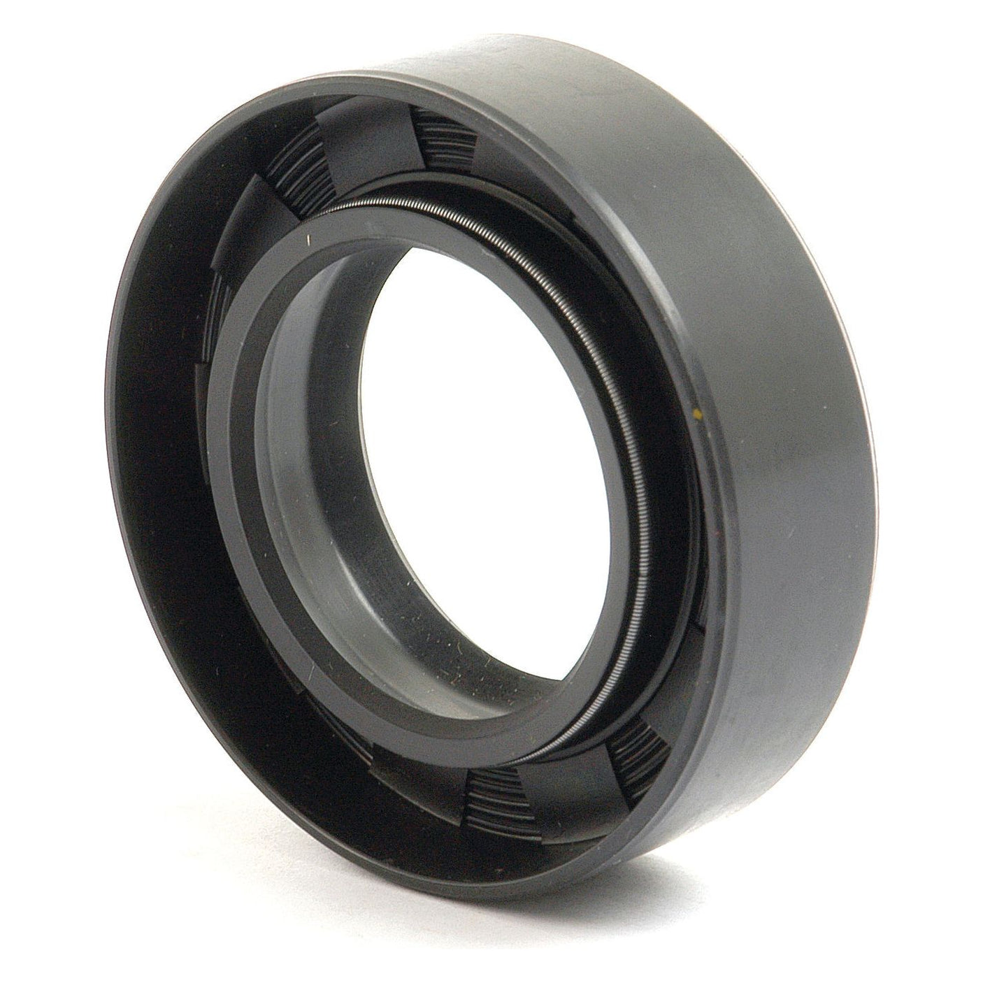 Close-up of a black mechanical seal ring with an internal spring, typically used to prevent leakage in machinery or Ford New Holland automotive applications. The Imperial Rotary Shaft Seal, 1 1/2'' x 2 1/2'' x 3/8'' from Sparex (Part No. S.65670) ensures optimal performance.