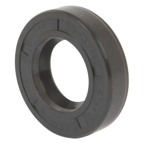 Close-up of a black cylindrical rubber oil seal with engraved text and numbers on its surface, resembling the Sparex Imperial Rotary Shaft Seal, 1 1/8'' x 2 3/16'' x 1/2'' (Sparex Part No. S.65674), often used in Ford / New Holland machinery.