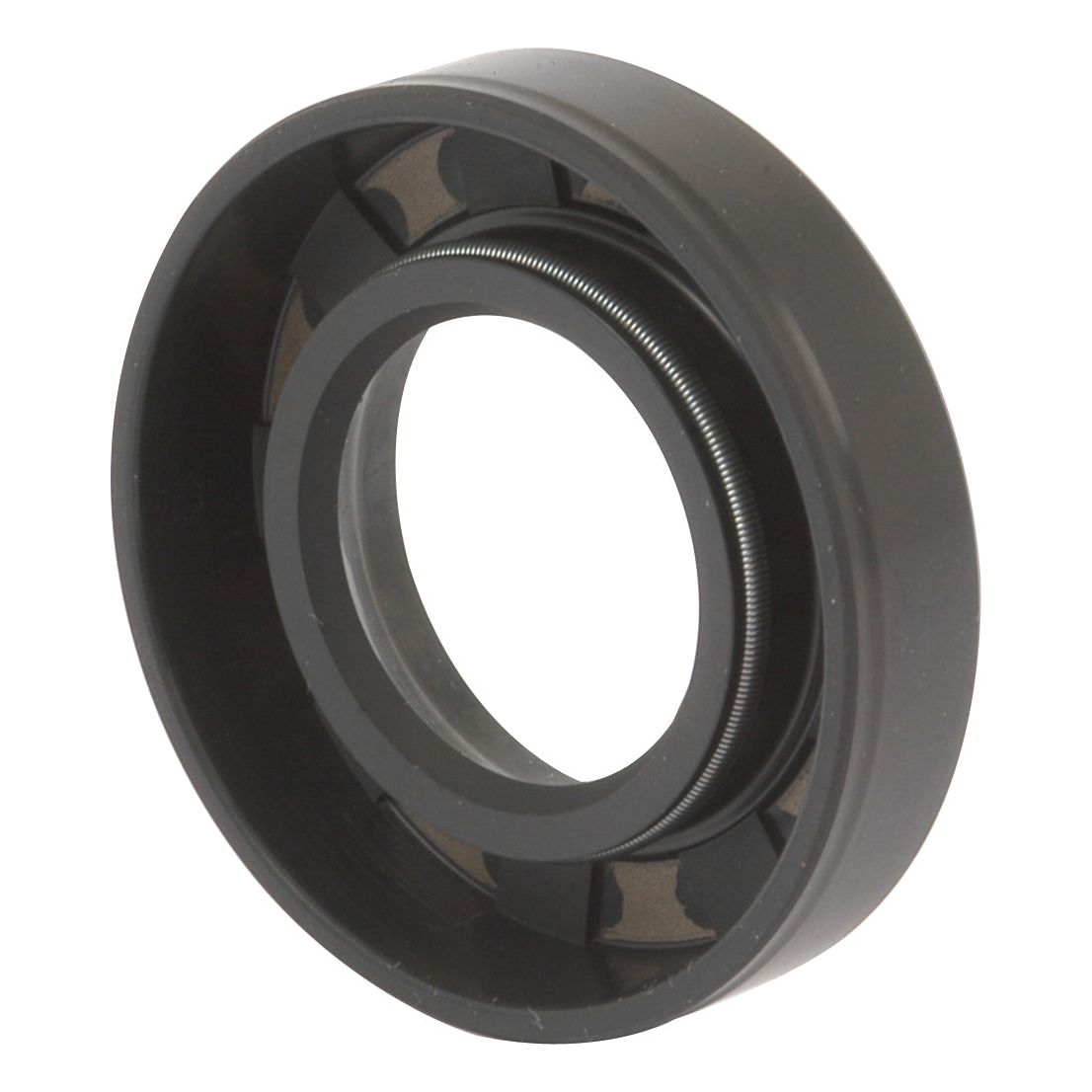 The Sparex Imperial Rotary Shaft Seal, measuring 1 1/8'' x 2 3/16'' x 1/2'' (Sparex Part No. S.65674), features a circular mechanical seal with an embedded metal coil spring, making it ideal for sealing rotating shafts in Ford / New Holland machinery.