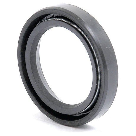 A close-up of the Sparex Imperial Rotary Shaft Seal, 1 1/16'' x 1 1/2'' x 1/4'' Single Lip (Sparex Part No. S.65677), showcases a black rubber design with an internal metal spring. This seal is expertly crafted for mechanical applications to prevent leaks, ensuring optimal performance and durability.