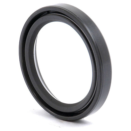 A black, circular Sparex Imperial Rotary Shaft Seal (1 1/8'' x 1 9/16'' x 1/4'', Single Lip), appearing similar to a camera lens filter with threading on the inner edge, is shown standing upright against a plain white background.