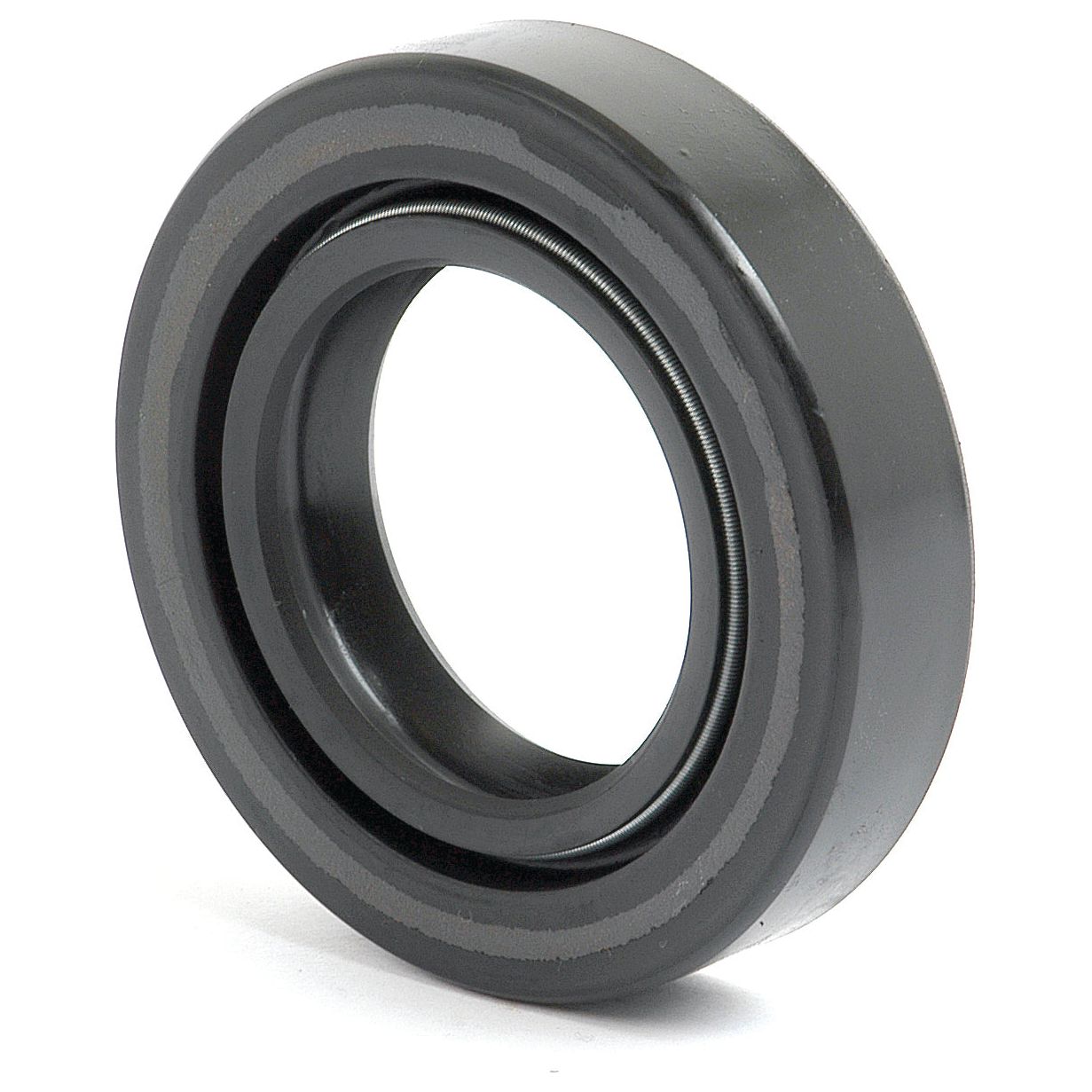 Close-up of a circular, metal oil seal with a rubber coating, showcasing its grooves and smooth outer surface. This Sparex Metric Rotary Shaft Seal (43 x 73 x 16mm, Sparex Part No. S.65682) is suitable for Ford New Holland tractors and ensures optimal performance and durability.