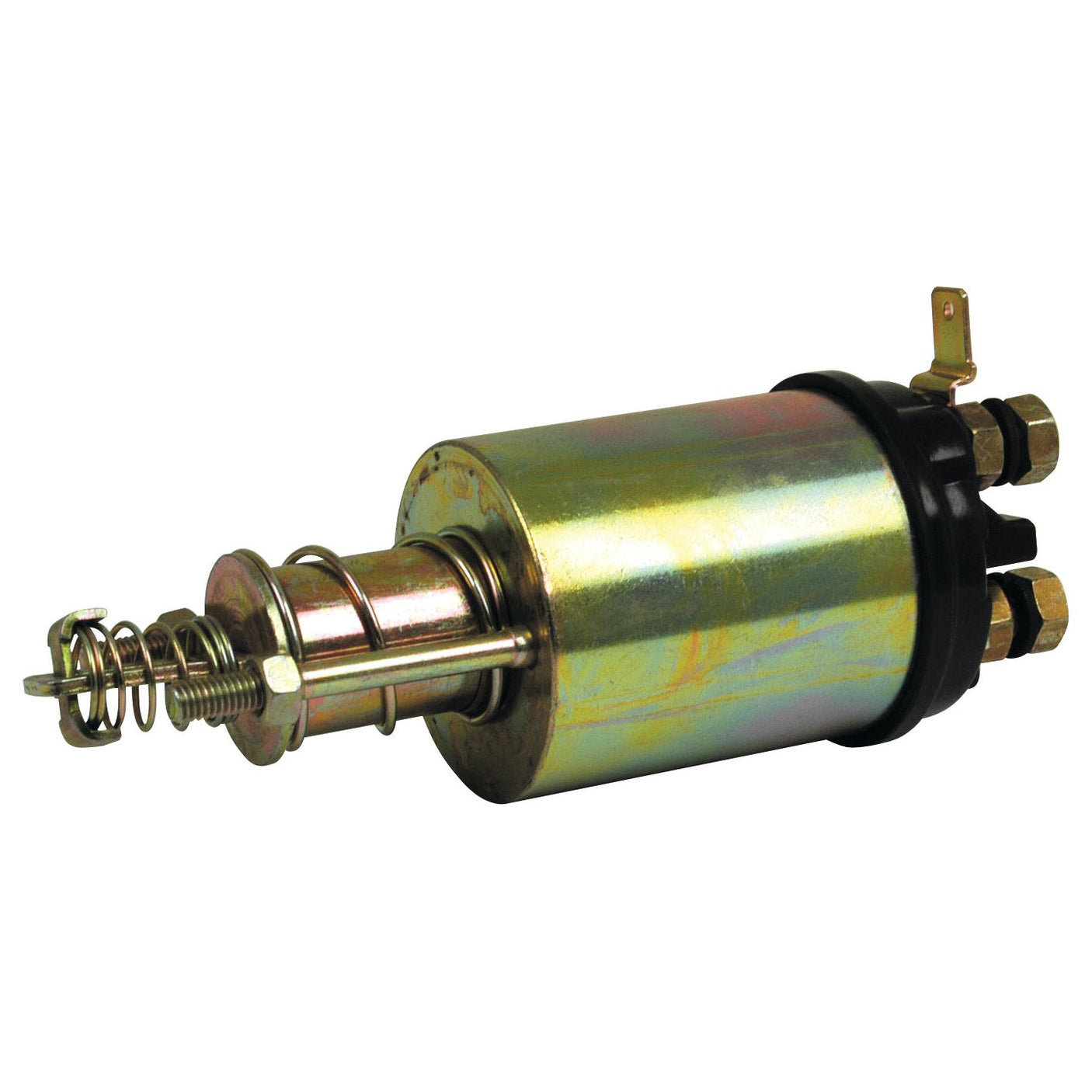 The Starter Solenoid (Sparex Part No. S.65684) from Sparex is a cylindrical-shaped metal solenoid with attached springs and electrical connectors on one end, and it is compatible with M50 Starters.