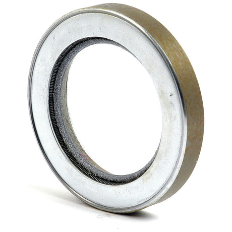 Close-up of a Sparex Imperial Rotary Shaft Seal, 2 3/16'' x 3 1/4'' x 1/2'' with a hollow center and smooth finish. The shaft seal, suitable for Ford / New Holland machinery, is standing upright on a white background.