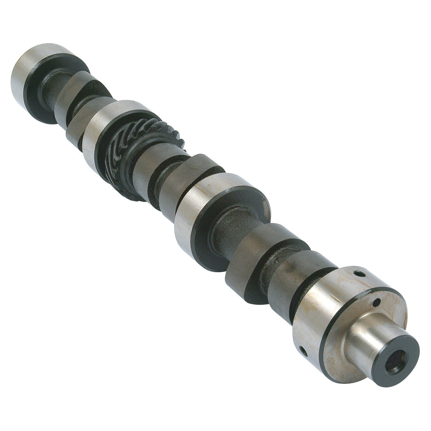 A metallic camshaft with several lobes and bearing surfaces, similar to those found in Ford New Holland engines, utilized extensively in internal combustion engines for valve operation, can be identified as the Camshaft 3 Cyl. | Sparex Part No.S.65696 by Sparex.