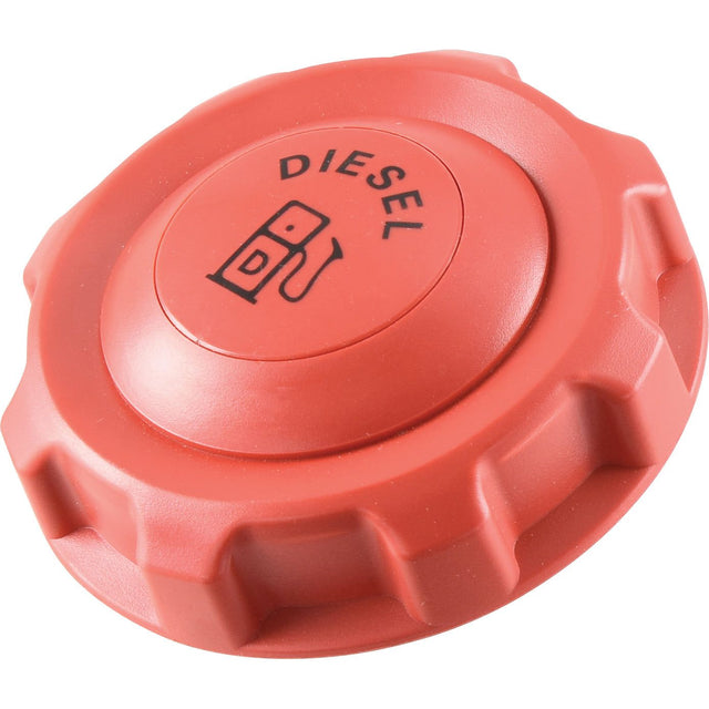 The Sparex Fuel Cap - S.65700, marked with "DIESEL" and featuring a gasoline pump icon, is distinctively red. This vented plastic cap ensures secure fuel storage while offering durability and reliability for your diesel needs.