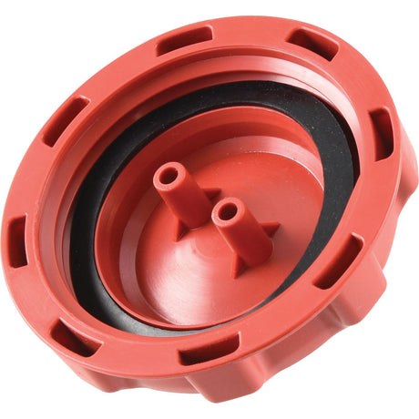 A Sparex Fuel Cap - S.65700 in red, featuring two short tubes, a black inner seal, and plastic threading.