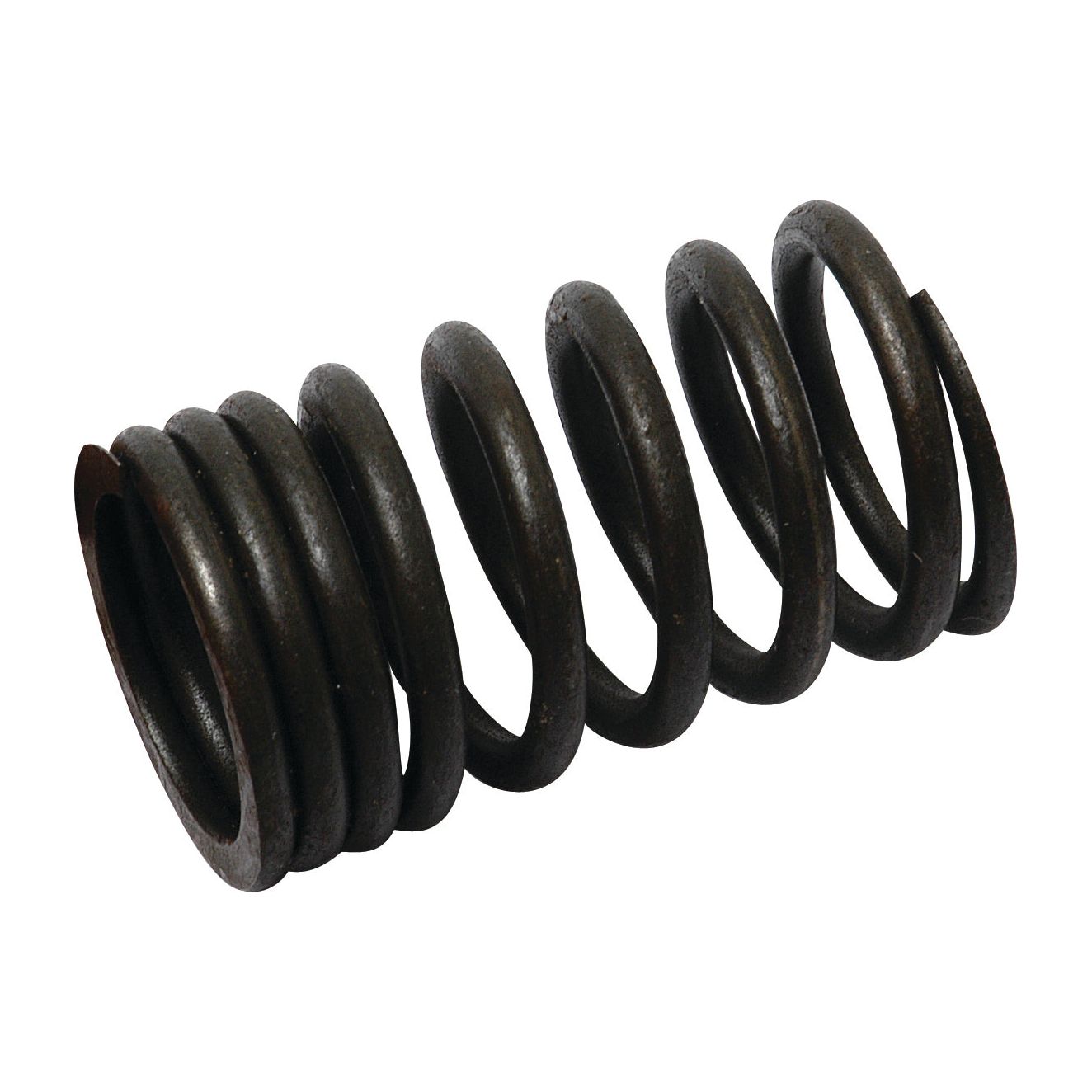 A close-up of a Sparex Valve Spring - Outer, part number S.65708, showcasing its dark-colored metal coil with a helical design, lying horizontally on a plain white background.